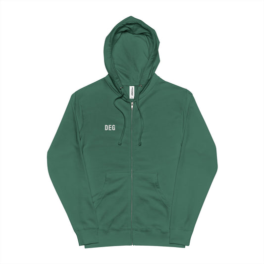 メンズ　パーソナライズ・グリーンジップフーディー／“DEG”小さめイニシャル刺繍