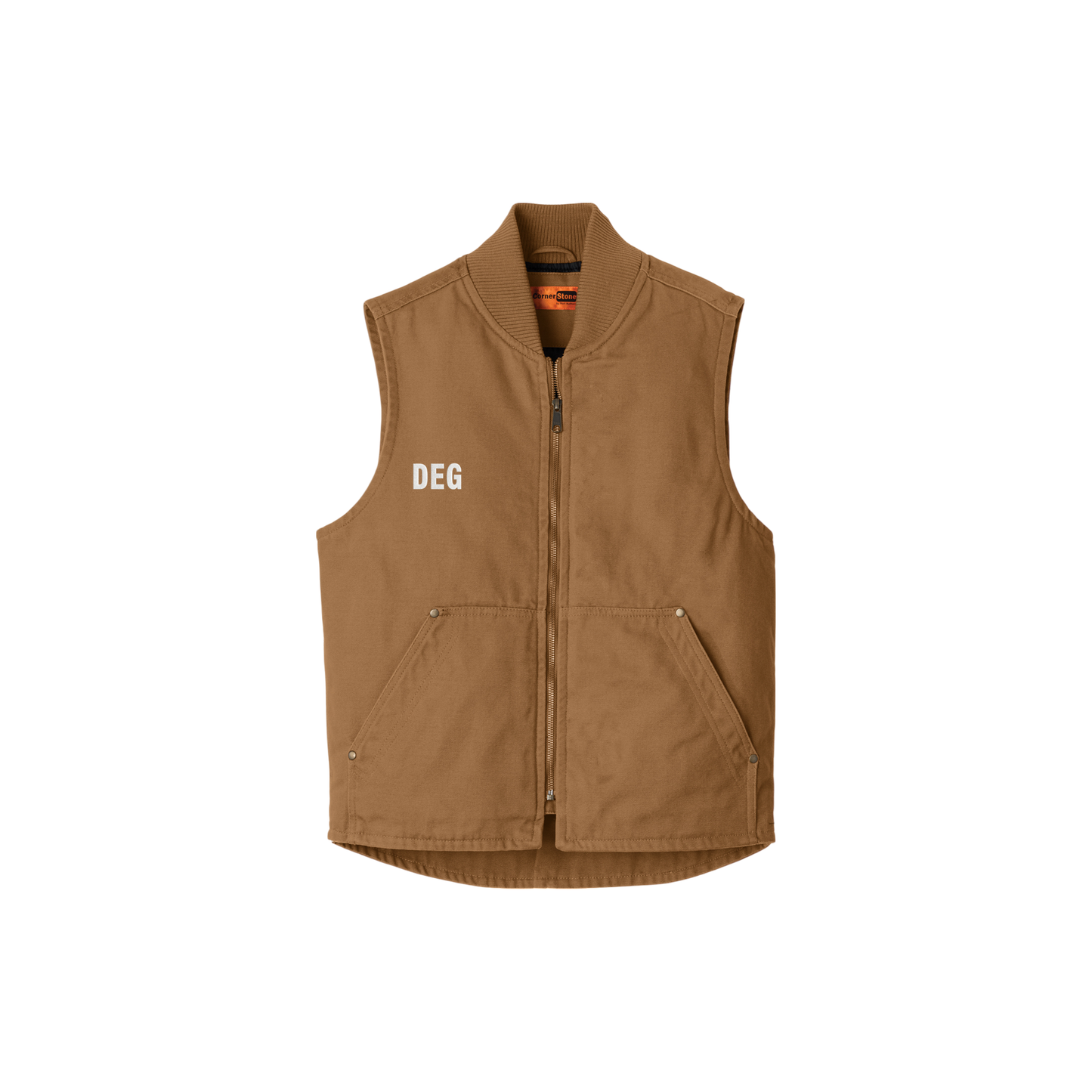 ユニセックス　ウォッシュドダッククロス製ワークベスト　胸元DEGイニシャル刺繍