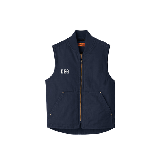 ユニセックス　ウォッシュドダッククロス製ワークベスト　胸元DEGイニシャル刺繍