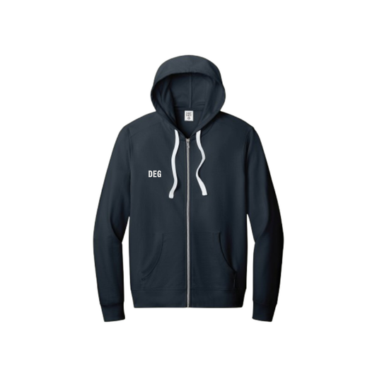 DEG ミニマル刺繍フルジップフーディー — メンズカジュアルジップアップスウェット