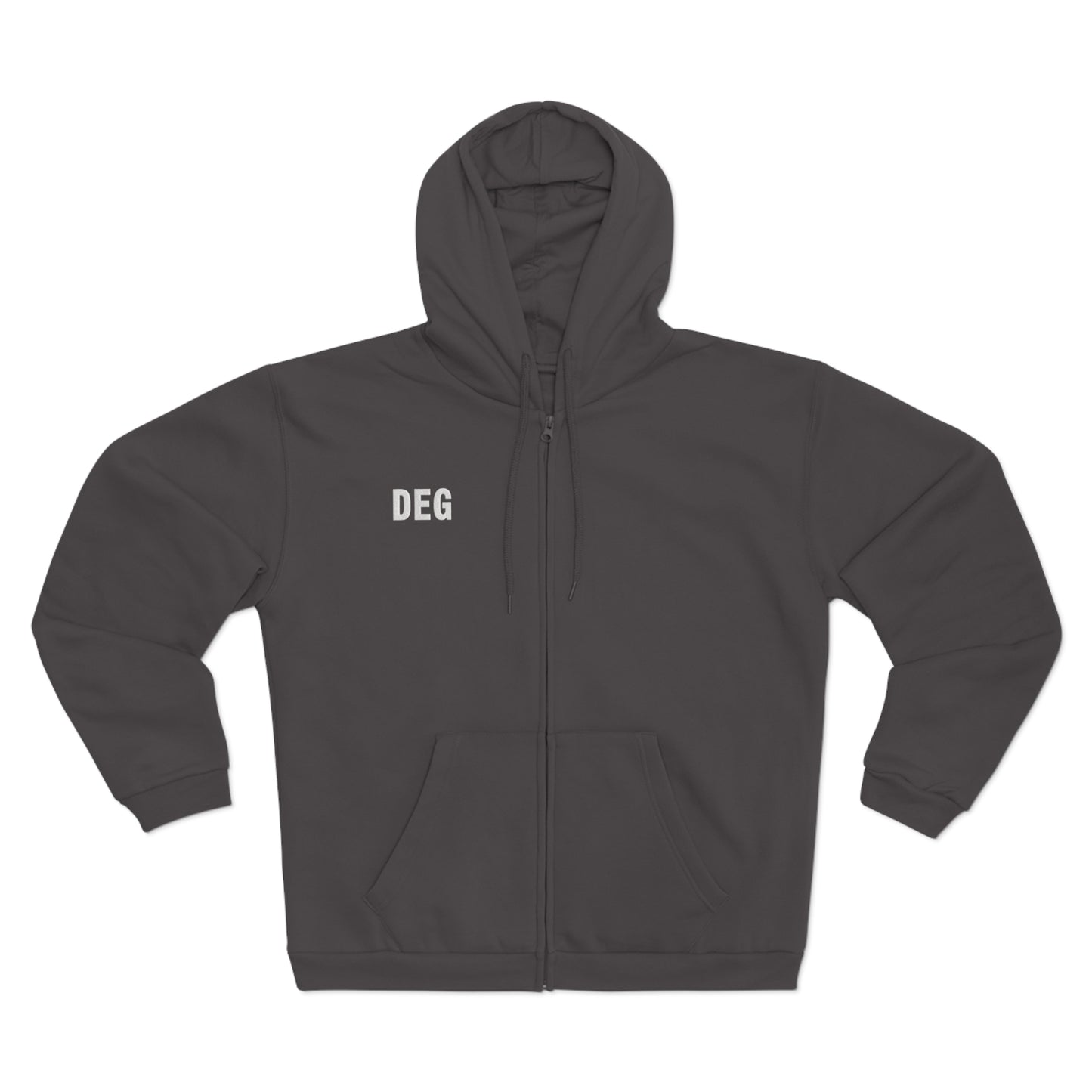 DEG 刺繍ジップフーディー — ミニマル胸ロゴのフードジャケット  ユニセックス(男女兼用)
