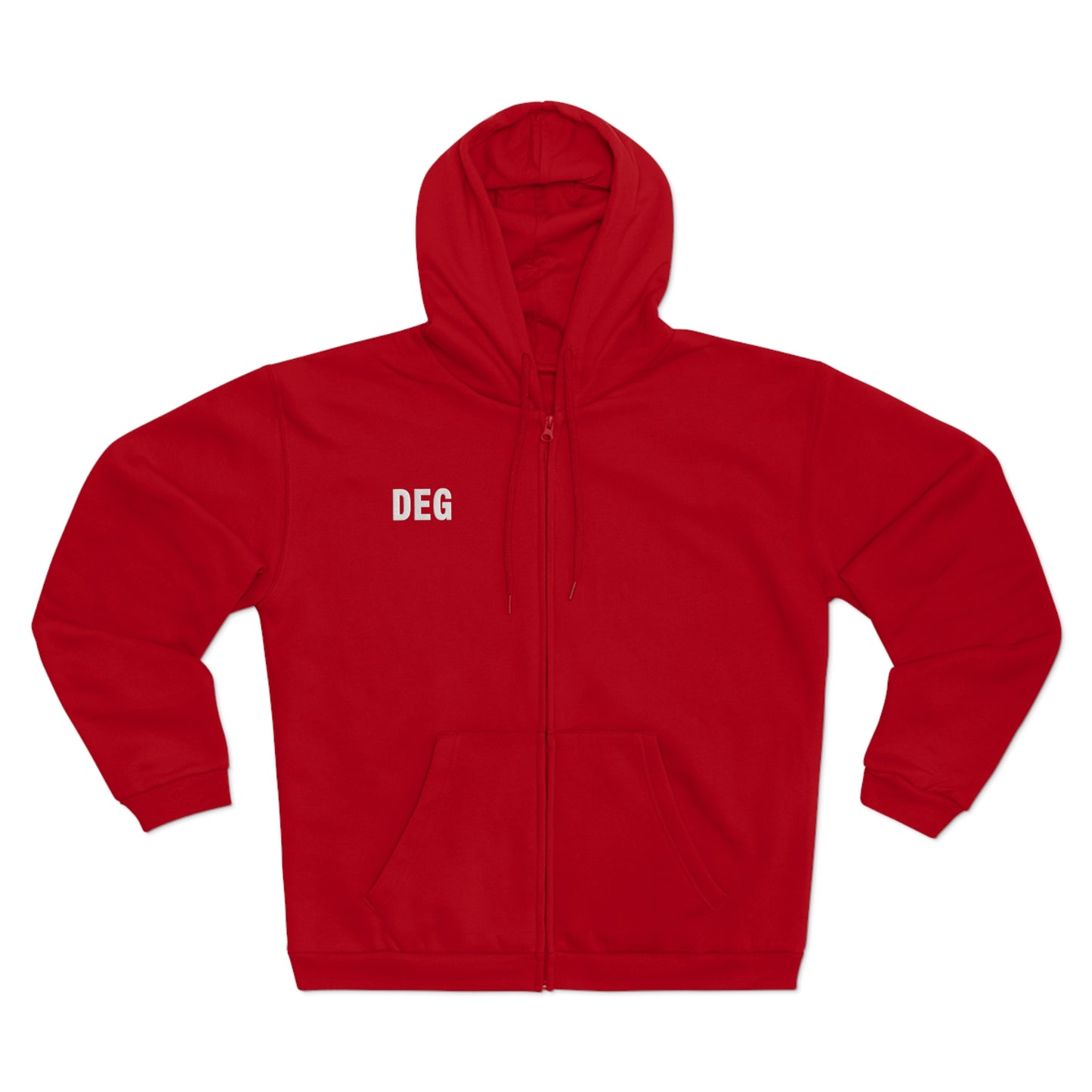 DEG 刺繍ジップフーディー — ミニマル胸ロゴのフードジャケット  ユニセックス(男女兼用)